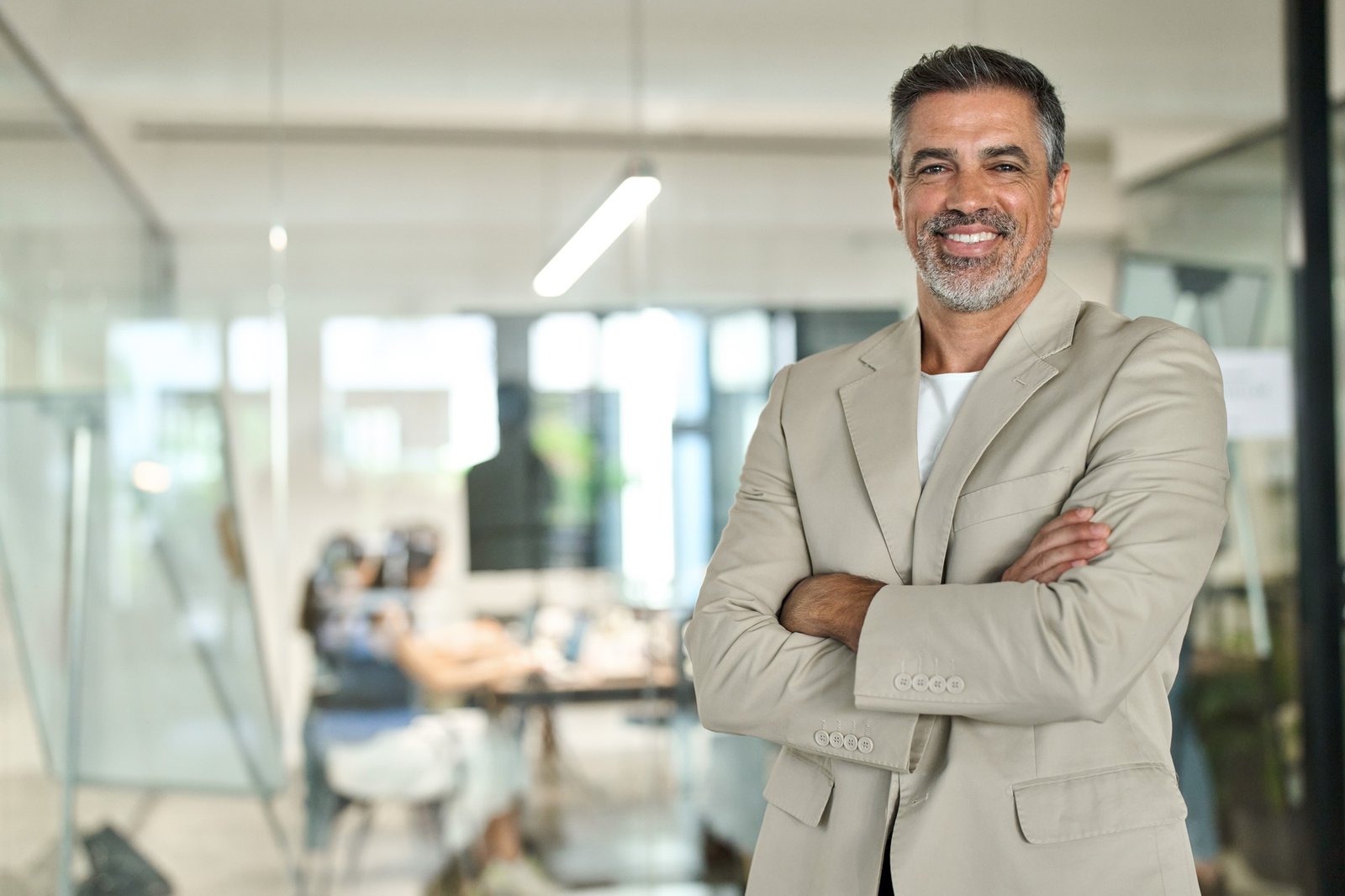 Portrait of confident happy middle aged business man ceo, team leader in office.